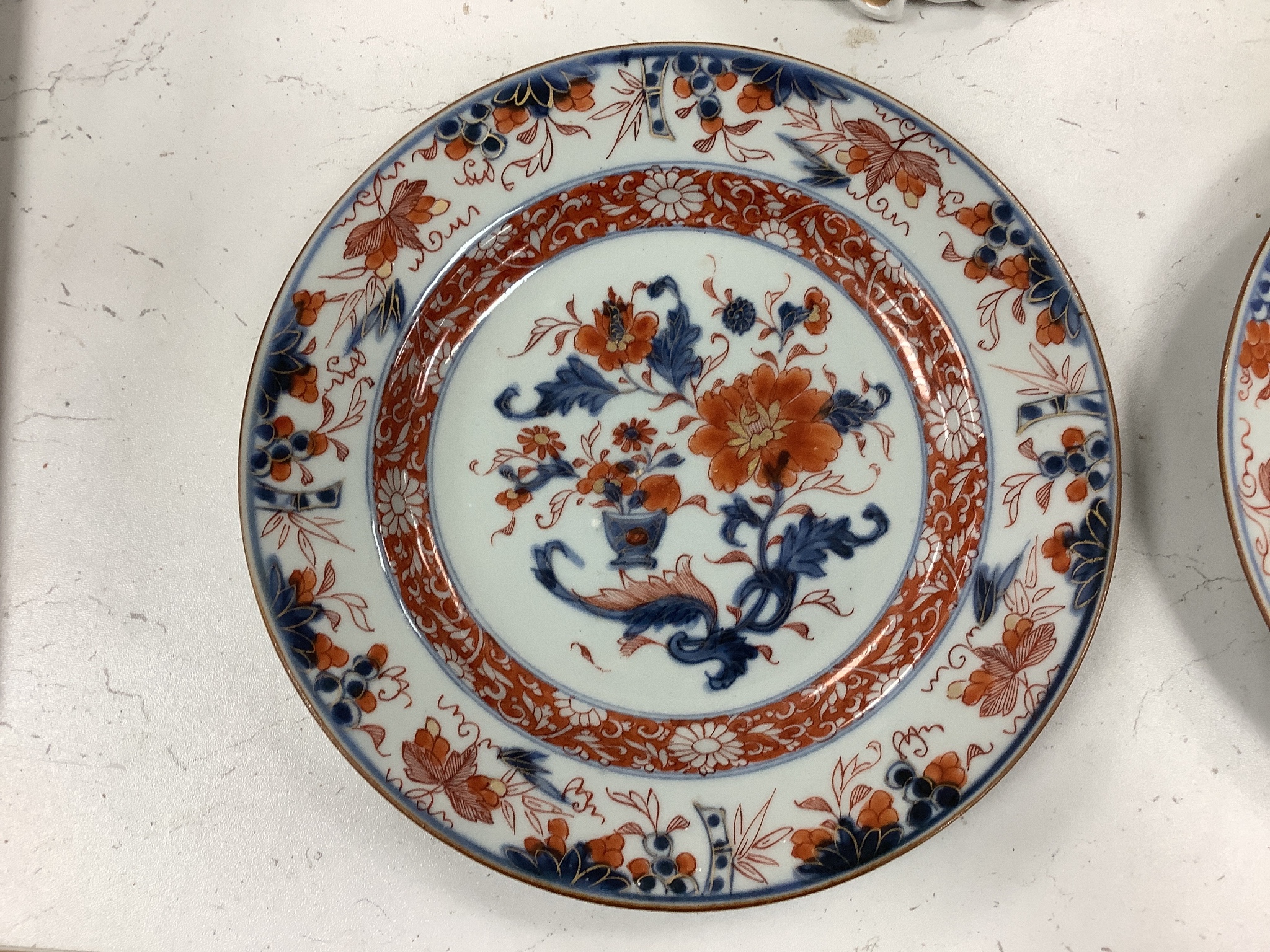 Three 18th century Chinese Imari plates and two 19th century Japanese Imari plates